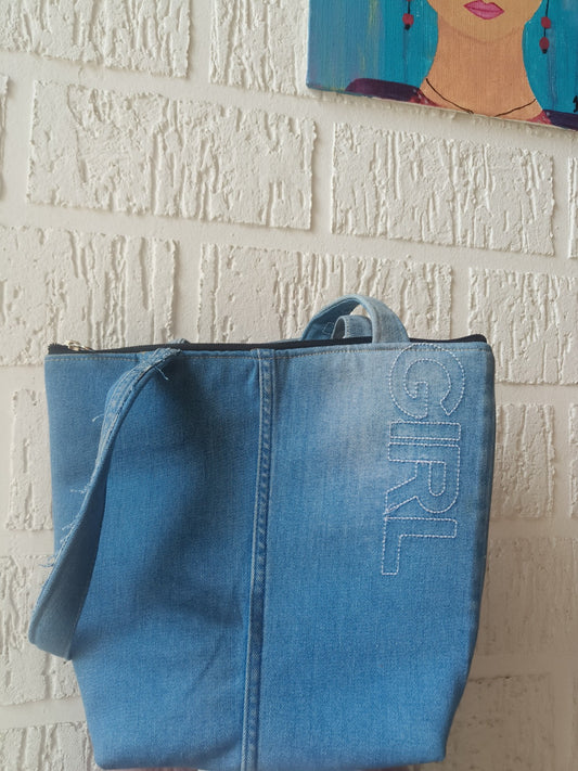 stylish denim tote bag with zipper closure